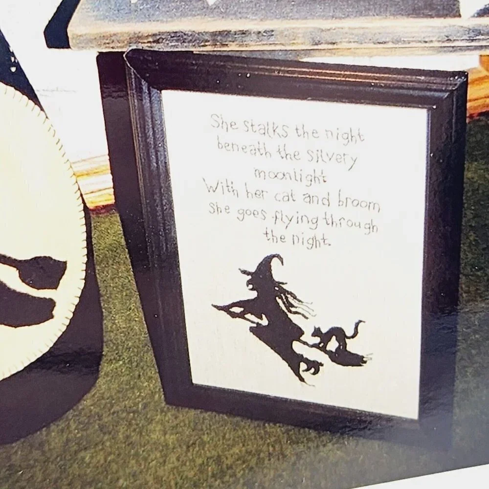 Liberty Rose Halloween Applique Pillow Framed Print Flying Witch Cat with Saying